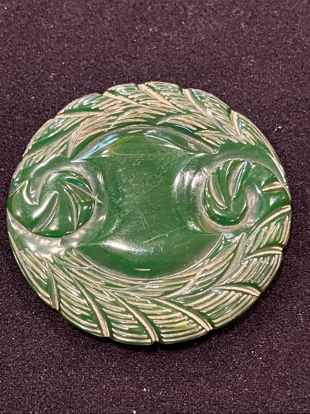 Vintage Carved Green Bakelite Catalin Style Floral Button
